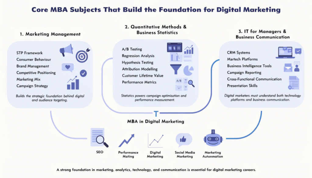 Infographic explaining the first-year MBA subjects most important for MBA in Digital Marketing students including marketing management, statistics, IT systems, and business communication.