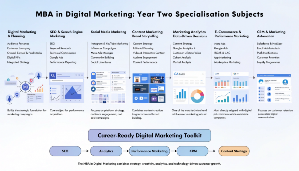 Infographic explaining second-year MBA in Digital Marketing subjects including SEO, SEM, social media marketing, analytics, e-commerce, CRM, and performance marketing.
