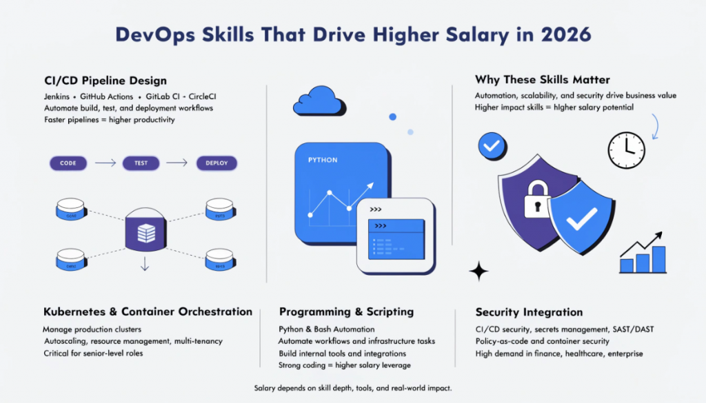 DevOps skills infographic showing CI CD Kubernetes automation and security as key salary drivers
