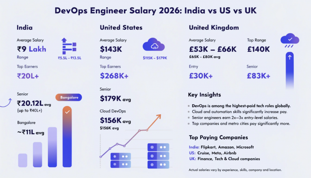 DevOps engineer salary 2026 infographic comparing India United States and United Kingdom pay trends
