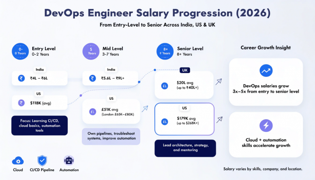 DevOps engineer salary progression infographic showing growth from entry level to senior across global markets