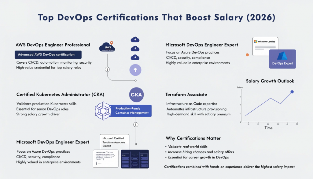 DevOps certifications infographic showing AWS Kubernetes Azure and Terraform credentials that increase salary