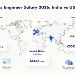 DevOps engineer salary 2026 comparison showing average pay in India, United States and United Kingdom with cloud, Kubernetes and CI/CD pipeline visuals