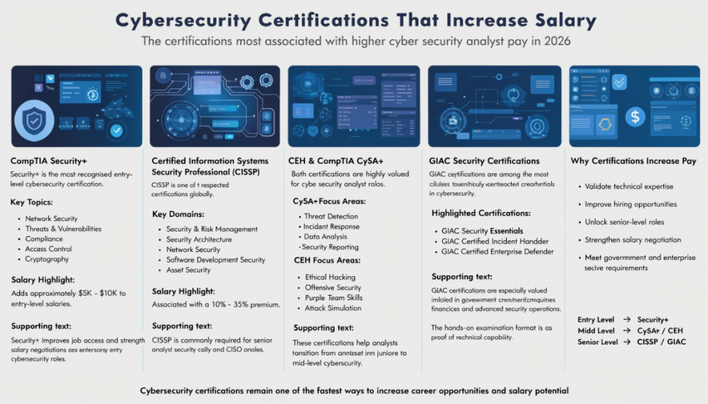 Clean cybersecurity infographic featuring certifications like CompTIA Security+, CISSP, CEH, CySA+ and GIAC with certification badge graphics, salary increase highlights and futuristic security-themed vector illustrations.