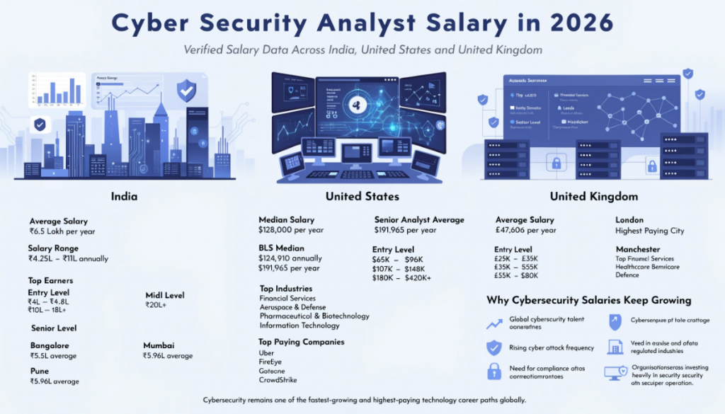 Premium infographic comparing cyber security analyst salaries across India, the United States and the United Kingdom in 2026 with salary cards, cybersecurity dashboards, growth charts and futuristic security-themed vector graphics on a light background.