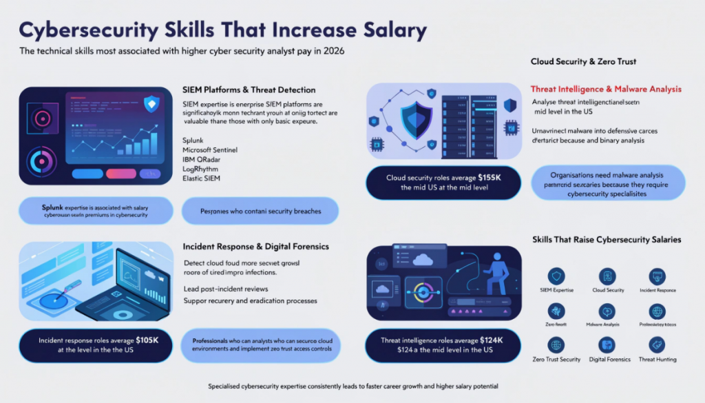 Professional infographic highlighting high-paying cybersecurity skills including SIEM platforms, incident response, cloud security, threat intelligence and malware analysis with modern cyber dashboards and glowing security interface illustrations.