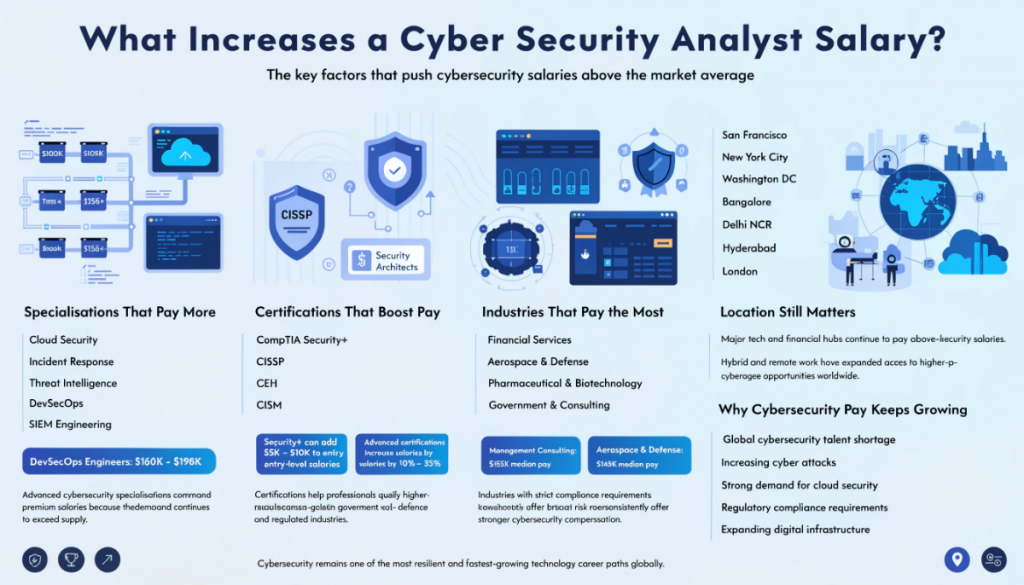 Modern cybersecurity infographic explaining factors that increase cyber security analyst salary including cloud security, DevSecOps, certifications, industry sectors and high-paying locations with glowing cyber UI elements and professional vector illustrations.