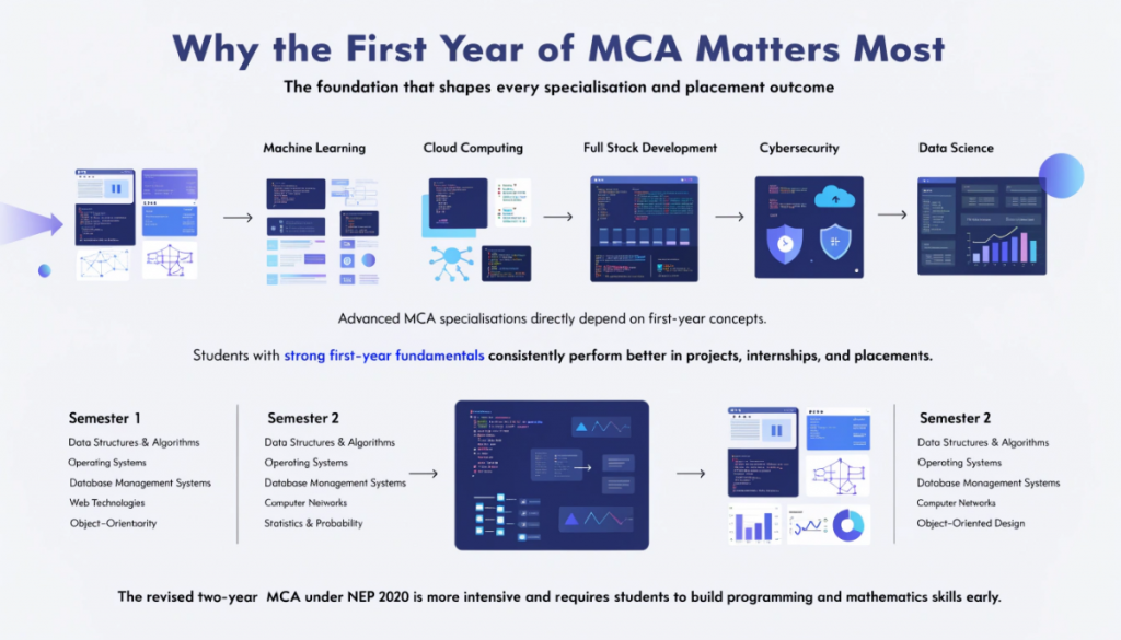 Infographic explaining why the first year of the MCA syllabus is important, showing how core subjects like algorithms, databases, operating systems, and networks support advanced specialisations such as AI, cloud computing, cybersecurity, and full stack development.