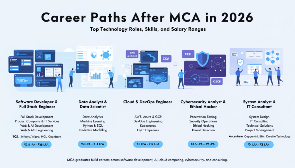 Infographic showing major career paths after MCA including software developer, data scientist, cloud engineer, cybersecurity analyst, and IT consultant roles with salary ranges and technology skills.