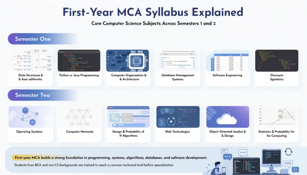 Infographic showing the first-year MCA syllabus with Semester One and Semester Two subjects including data structures, programming, DBMS, operating systems, networks, algorithms, web technologies, and software engineering.