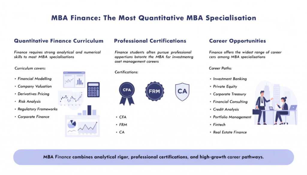 Infographic explaining MBA Finance specialisation with focus on quantitative subjects, financial certifications like CFA and FRM, and finance career opportunities including investment banking and consulting.