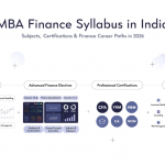Featured image for a blog about MBA Finance syllabus in India showing finance subjects, certifications like CFA and FRM, financial modelling, investment banking, and finance career pathways.