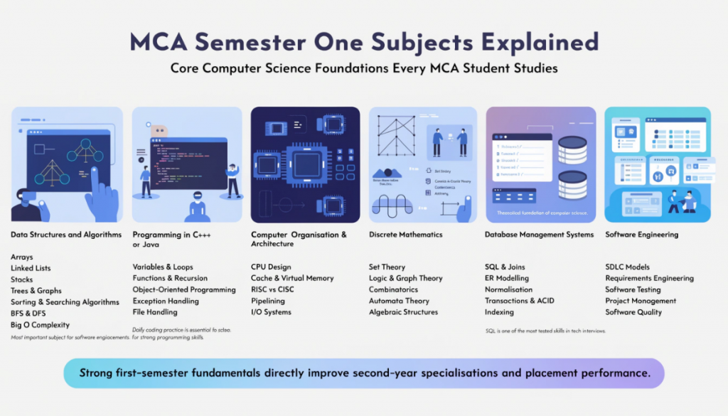 Infographic explaining MCA Semester One subjects including data structures, programming, computer architecture, discrete mathematics, DBMS, and software engineering.
