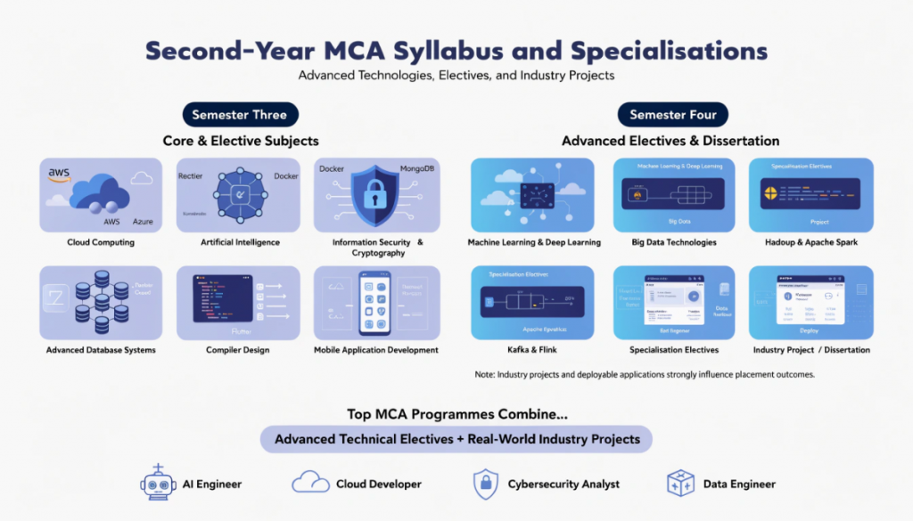 Infographic explaining the second-year MCA syllabus including cloud computing, AI, cybersecurity, databases, machine learning, big data technologies, electives, and final industry projects.