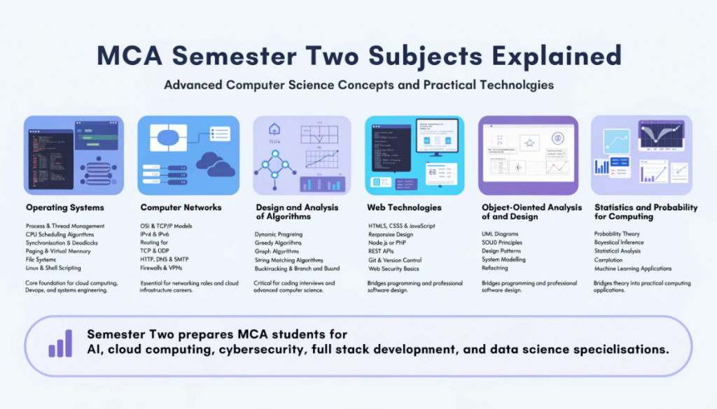 Infographic explaining MCA Semester Two subjects including operating systems, computer networks, advanced algorithms, web technologies, OOAD, and statistics for computing.