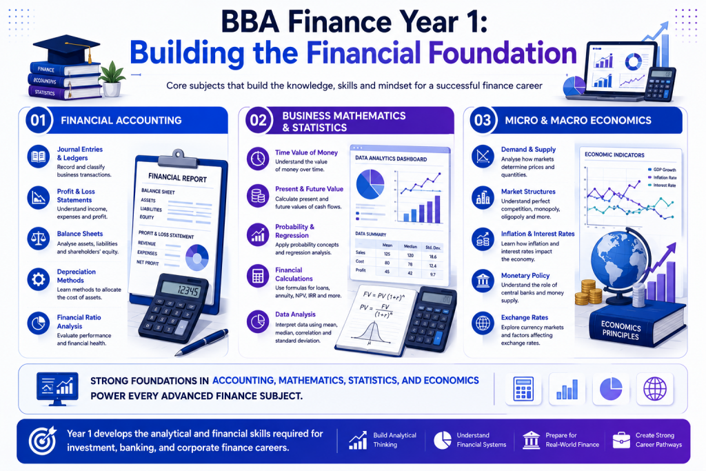 Infographic showing Year 1 BBA Finance subjects including Financial Accounting, Business Mathematics and Statistics, and Economics, highlighting their role in building finance and analytical skills.