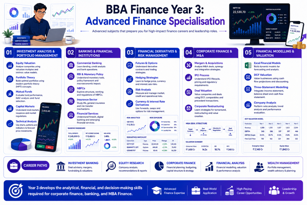 Infographic showing advanced BBA Finance subjects including investment analysis, banking, financial derivatives, mergers and acquisitions, and financial modelling for finance career preparation.
