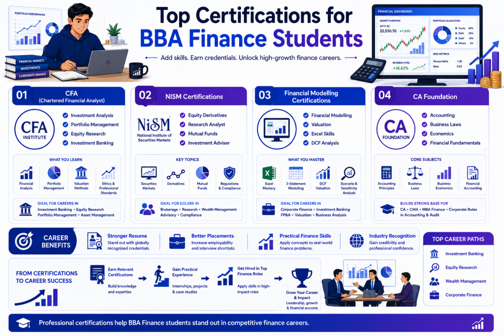 Infographic highlighting top certifications for BBA Finance students including CFA, NISM, Financial Modelling, and CA Foundation, with their career benefits in finance and investment roles.