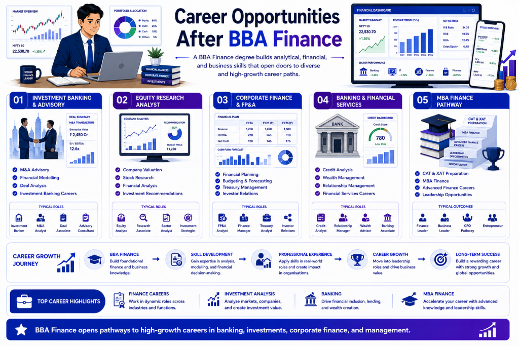 Infographic showing career opportunities after BBA Finance including investment banking, equity research, corporate finance, banking and financial services, and MBA Finance pathways.