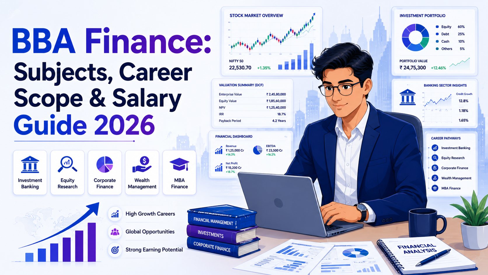 Featured image showing a BBA Finance student exploring careers in investment banking, corporate finance, equity research, and financial analysis through financial dashboards and market charts.