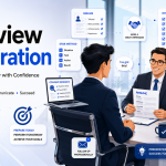 Premium featured image showing a confident job candidate in a professional interview with resume, company research, checklist, and modern corporate office elements in a clean blue-and-white light-themed design.