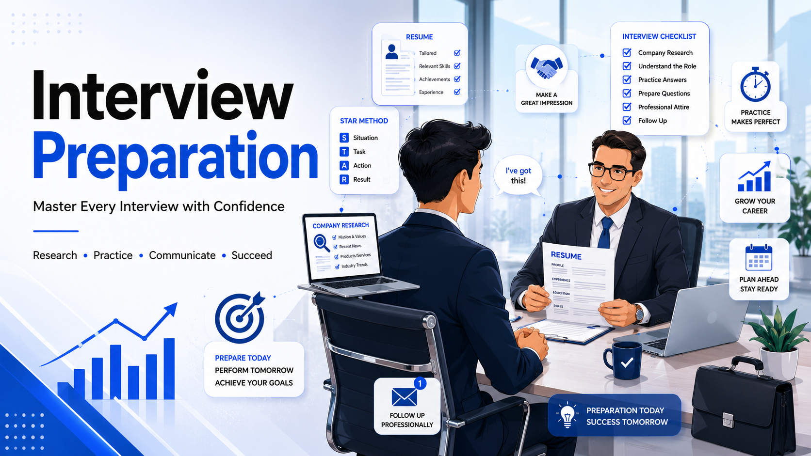 Premium featured image showing a confident job candidate in a professional interview with resume, company research, checklist, and modern corporate office elements in a clean blue-and-white light-themed design.