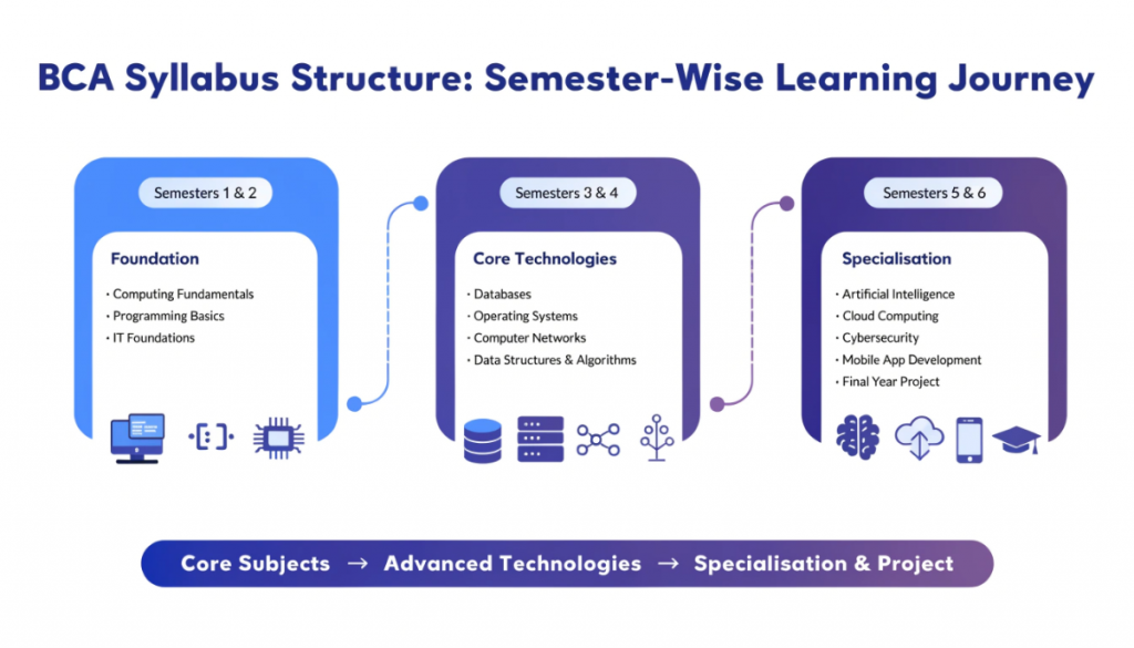 Infographic showing the semester-wise BCA syllabus structure, covering programming fundamentals, core computer science subjects, advanced technologies, and final-year specialisations.