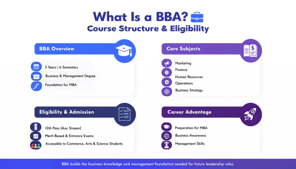 Infographic explaining the BBA course structure, eligibility criteria, core business subjects, admission routes, and its role as a foundation for MBA studies and management careers.