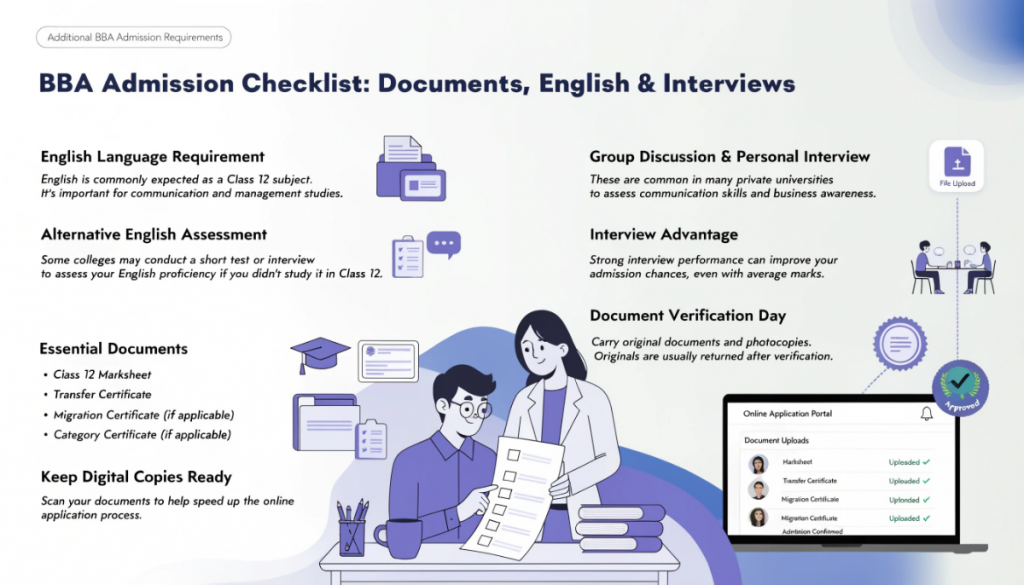 Educational infographic explaining additional BBA admission requirements including English proficiency, required documents, group discussions, personal interviews, document verification, and admission preparation checklist.