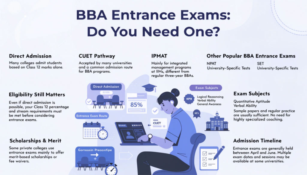 Educational infographic explaining BBA entrance exams, direct admission options, CUET, IPMAT, NPAT, SET, exam preparation, eligibility requirements, and admission timelines for prospective BBA students.