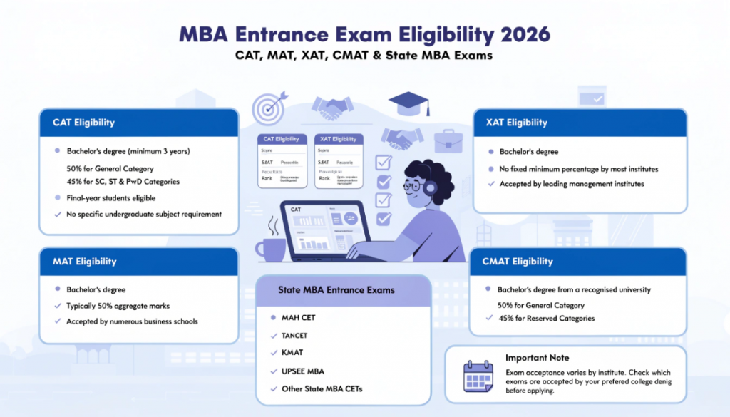 Educational infographic explaining MBA entrance exam eligibility criteria for CAT, MAT, XAT, CMAT, and state-level MBA entrance examinations, including qualification requirements and admission pathways for MBA aspirants.