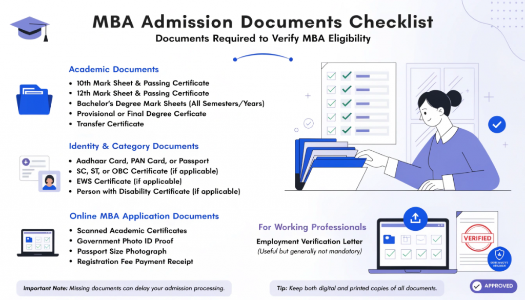 Educational infographic showing the complete MBA admission document checklist, including academic certificates, identity proofs, category certificates, online MBA application documents, and eligibility verification requirements.