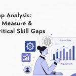Featured image showing a professional analyzing a skills gap dashboard with skill charts, career growth icons, and workforce development visuals representing skills gap analysis.