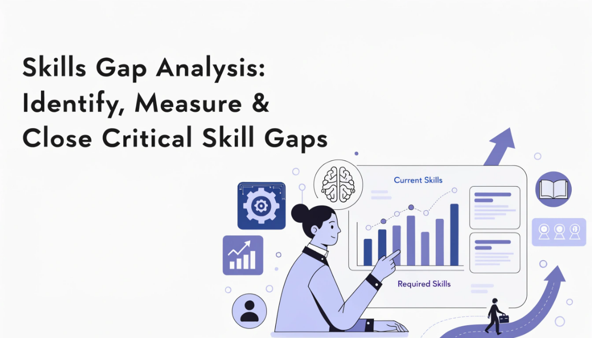 Featured image showing a professional analyzing a skills gap dashboard with skill charts, career growth icons, and workforce development visuals representing skills gap analysis.