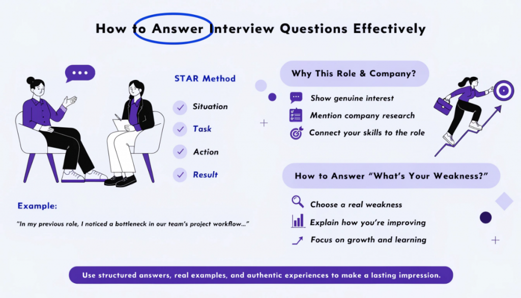 Infographic explaining how to answer interview questions using the STAR method, respond to 'Why this role?', and discuss weaknesses with confidence and self-awareness.