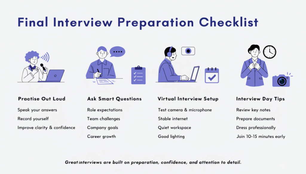 Infographic showing a final interview preparation checklist including practising answers, asking thoughtful questions, setting up a virtual interview, and preparing for interview day.