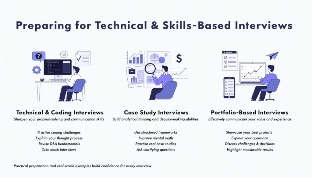 Infographic explaining preparation for technical, case study, and portfolio-based interviews with coding practice, structured problem solving, and project presentation tips.