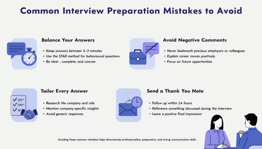 Modern infographic highlighting common interview preparation mistakes, including answer length, professionalism, company research, and interview follow-up tips in a clean light-themed design.