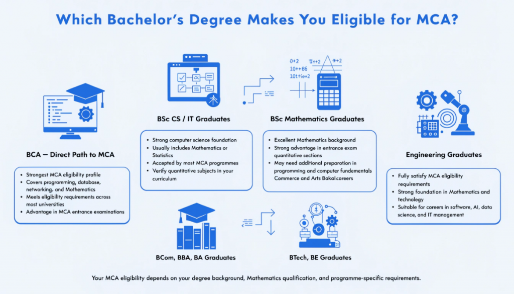 Modern infographic explaining MCA eligibility for BCA, BSc Computer Science, BSc IT, BSc Mathematics, BCom, BBA, BA, and engineering graduates, highlighting degree-specific pathways and requirements for MCA admission.