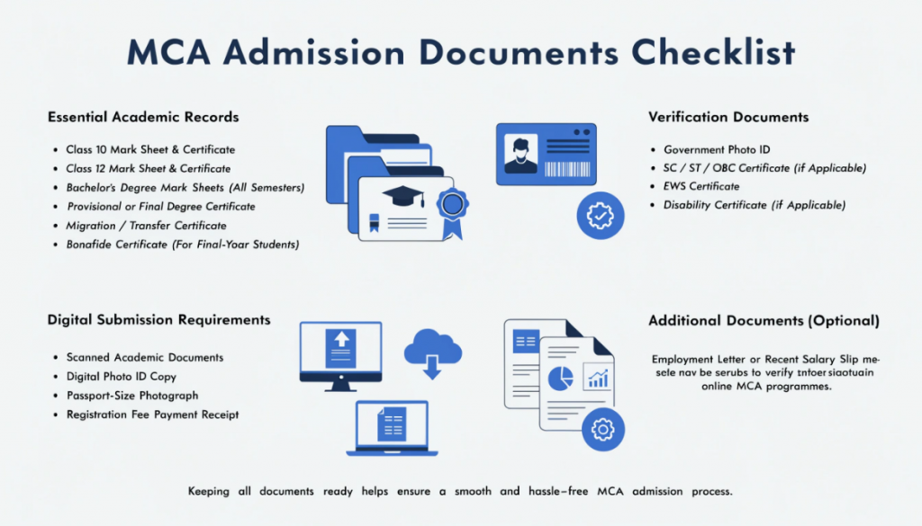 Modern infographic showing the complete MCA admission documents checklist, including academic records, identity proofs, reservation certificates, and digital document requirements for online MCA applications.
