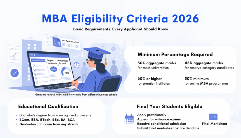 Educational infographic explaining MBA eligibility criteria in India, including bachelor's degree requirements, minimum percentage criteria, eligibility for final-year students, and admission requirements for MBA programmes in 2026.