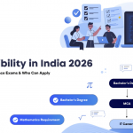 Professional featured image for MCA Eligibility in India 2026 showing students, graduation elements, admission requirements, computer technology icons, and career pathways in a modern light-themed educational design.