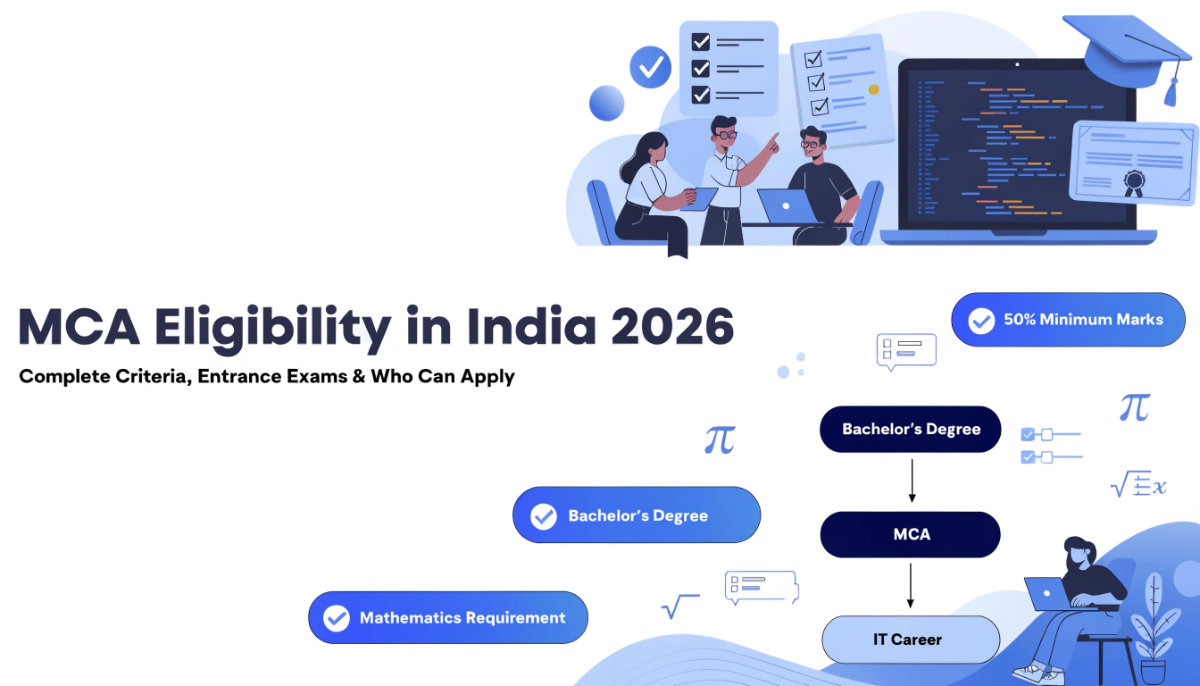 Professional featured image for MCA Eligibility in India 2026 showing students, graduation elements, admission requirements, computer technology icons, and career pathways in a modern light-themed educational design.