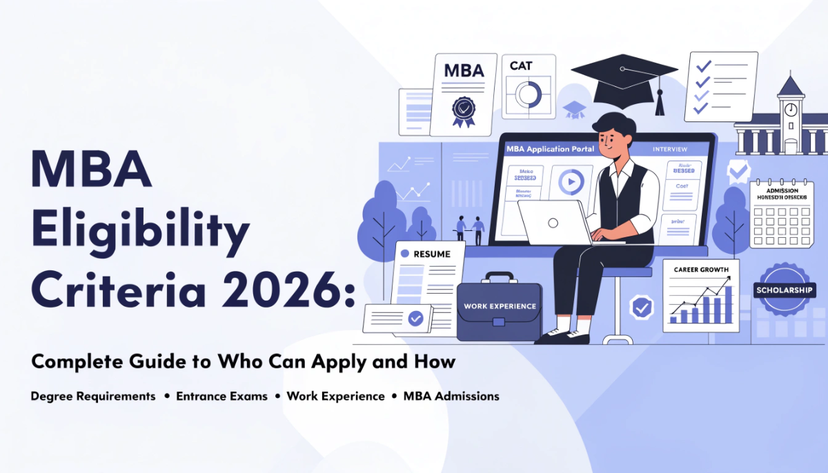 Featured image showing a graduate reviewing MBA eligibility criteria, entrance exams, degree requirements, work experience, and admission documents for MBA admissions in 2026.