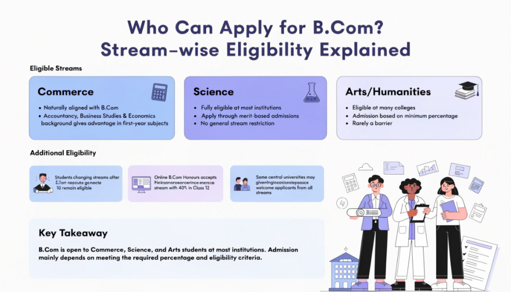 Infographic explaining B.Com stream-wise eligibility for Commerce, Science, and Arts students, including admission requirements, stream preferences, and online B.Com eligibility criteria.