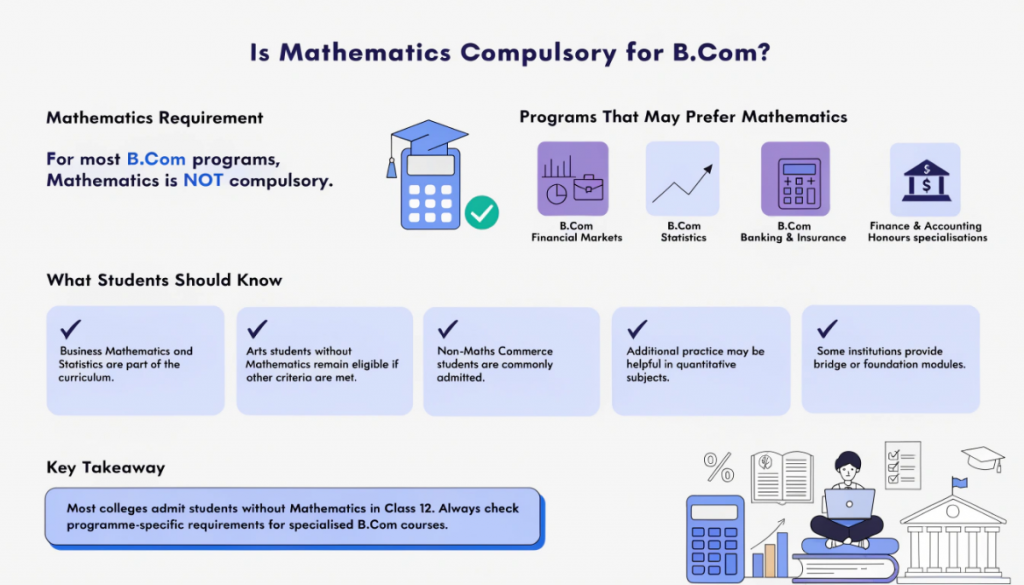 Infographic explaining whether Mathematics is compulsory for B.Com eligibility, including programme-specific preferences, curriculum expectations, and eligibility for non-Maths students.