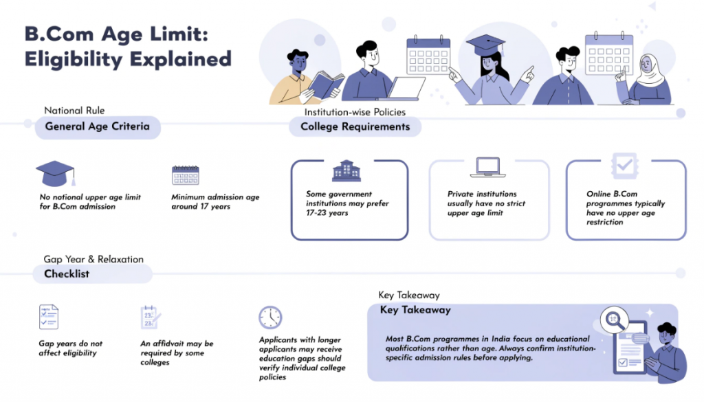 Infographic explaining B.Com age limit, including minimum age, absence of a national upper age limit, gap year eligibility, age relaxation, and online B.Com admission policies.