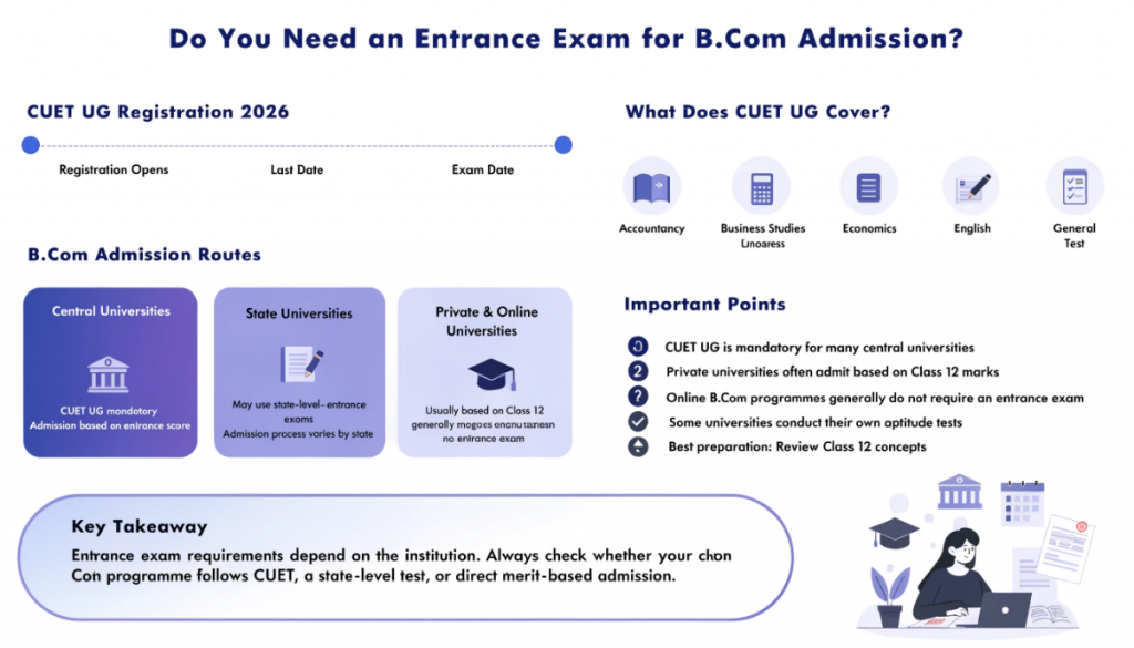 Infographic explaining B.Com entrance exam requirements in 2026, covering CUET UG, state-level entrance tests, merit-based admissions, and online B.Com eligibility.