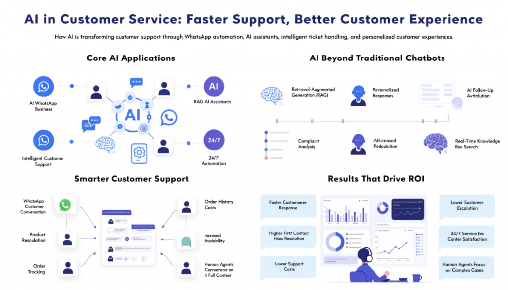 Modern infographic illustrating AI in customer service operations, featuring WhatsApp Business AI, RAG-powered chat assistants, automated support workflows, intelligent ticket management, customer analytics, and AI-driven service dashboards.