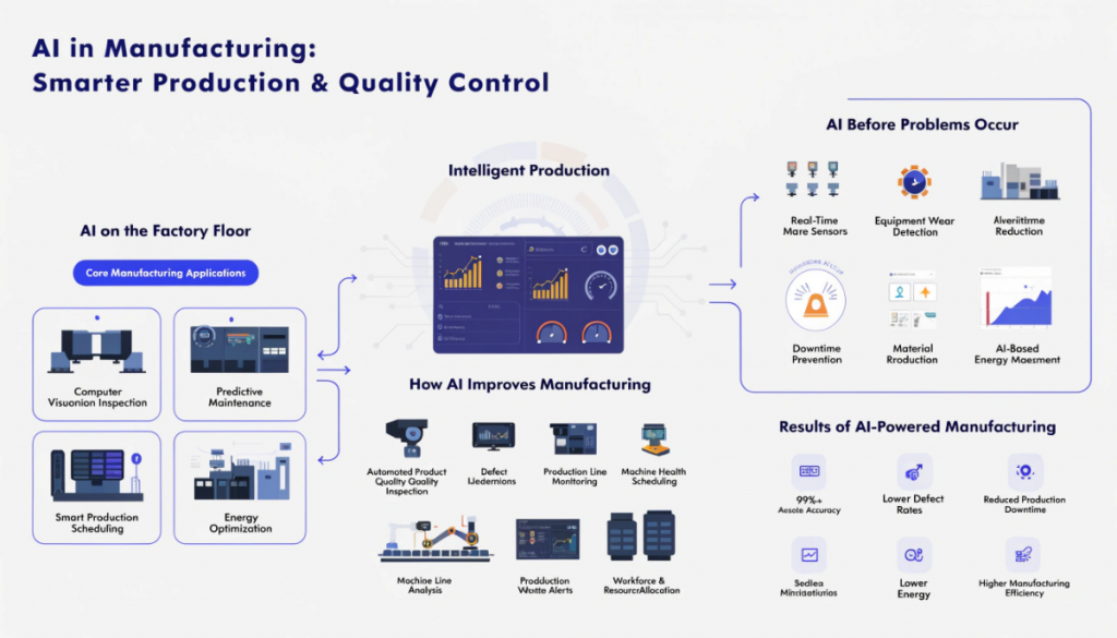 Modern infographic illustrating AI in manufacturing operations, featuring computer vision quality inspection, predictive maintenance, smart production scheduling, industrial IoT sensors, energy optimization, factory analytics, and AI-powered manufacturing dashboards.